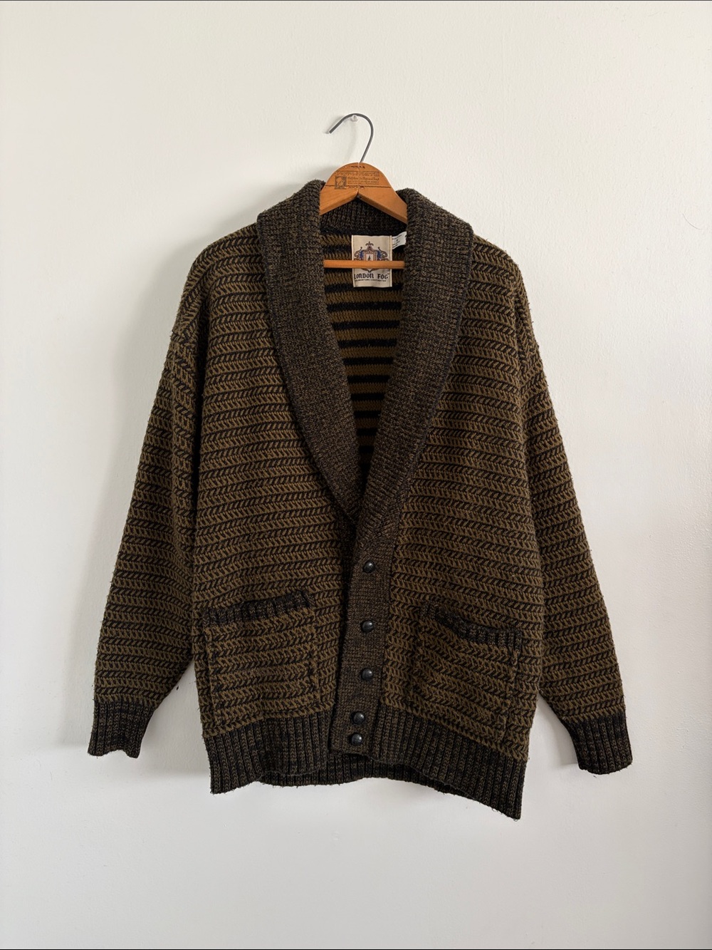 Vintage London Fog Chunky Shawl Cardigan Sweater - Brown and Black.